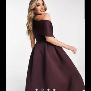 ASOS DESIGN bare shoulder prom midi dress in aubergine